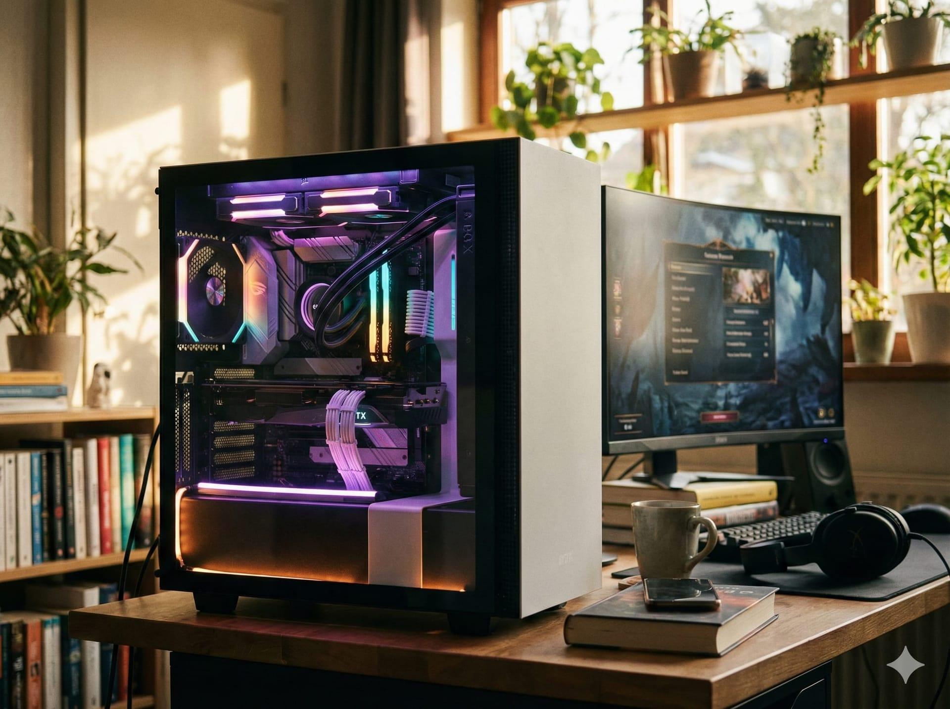 Custom gaming PC with RGB lighting on a modern desk