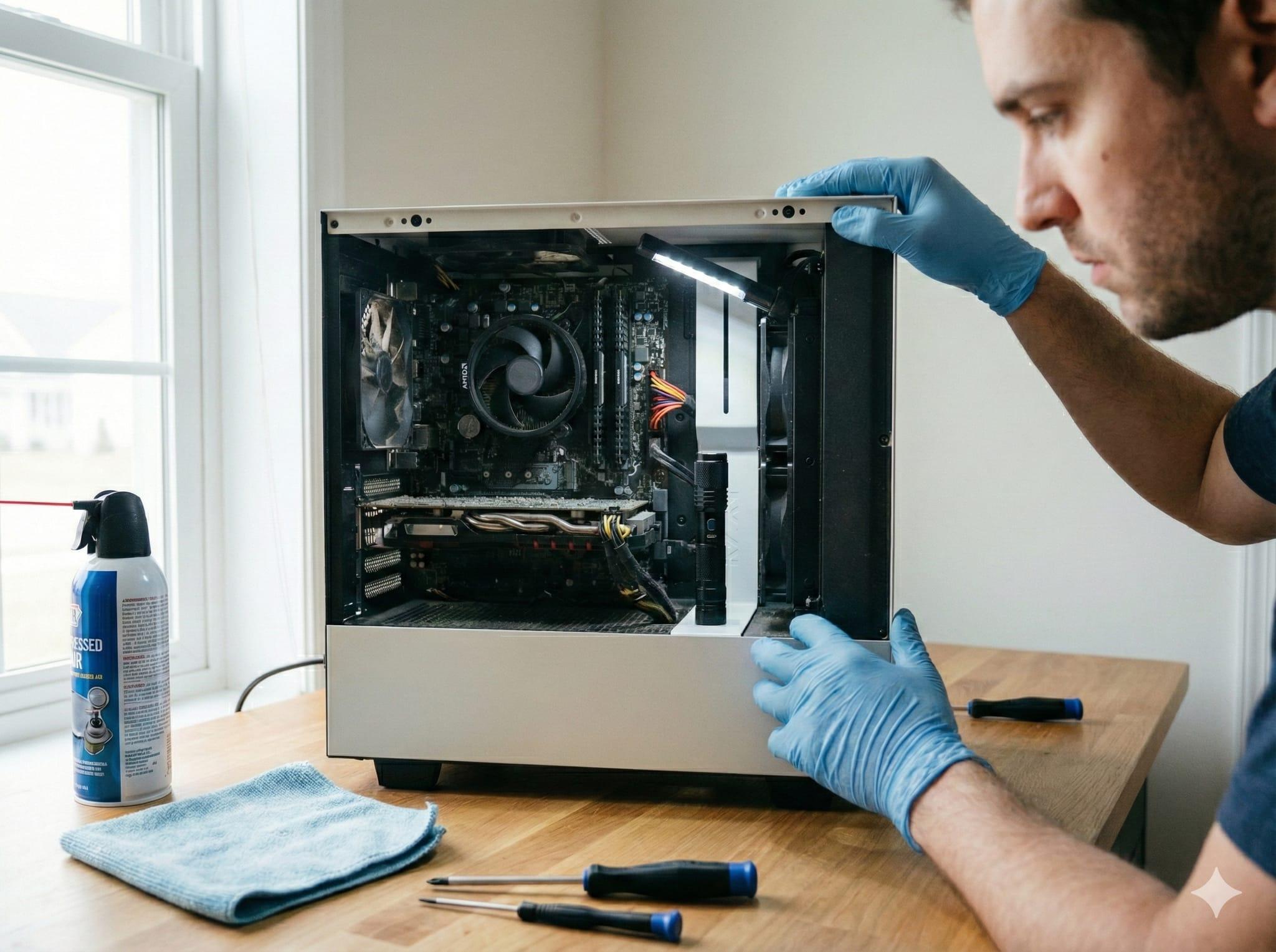 Technician performing maintenance on a home computer