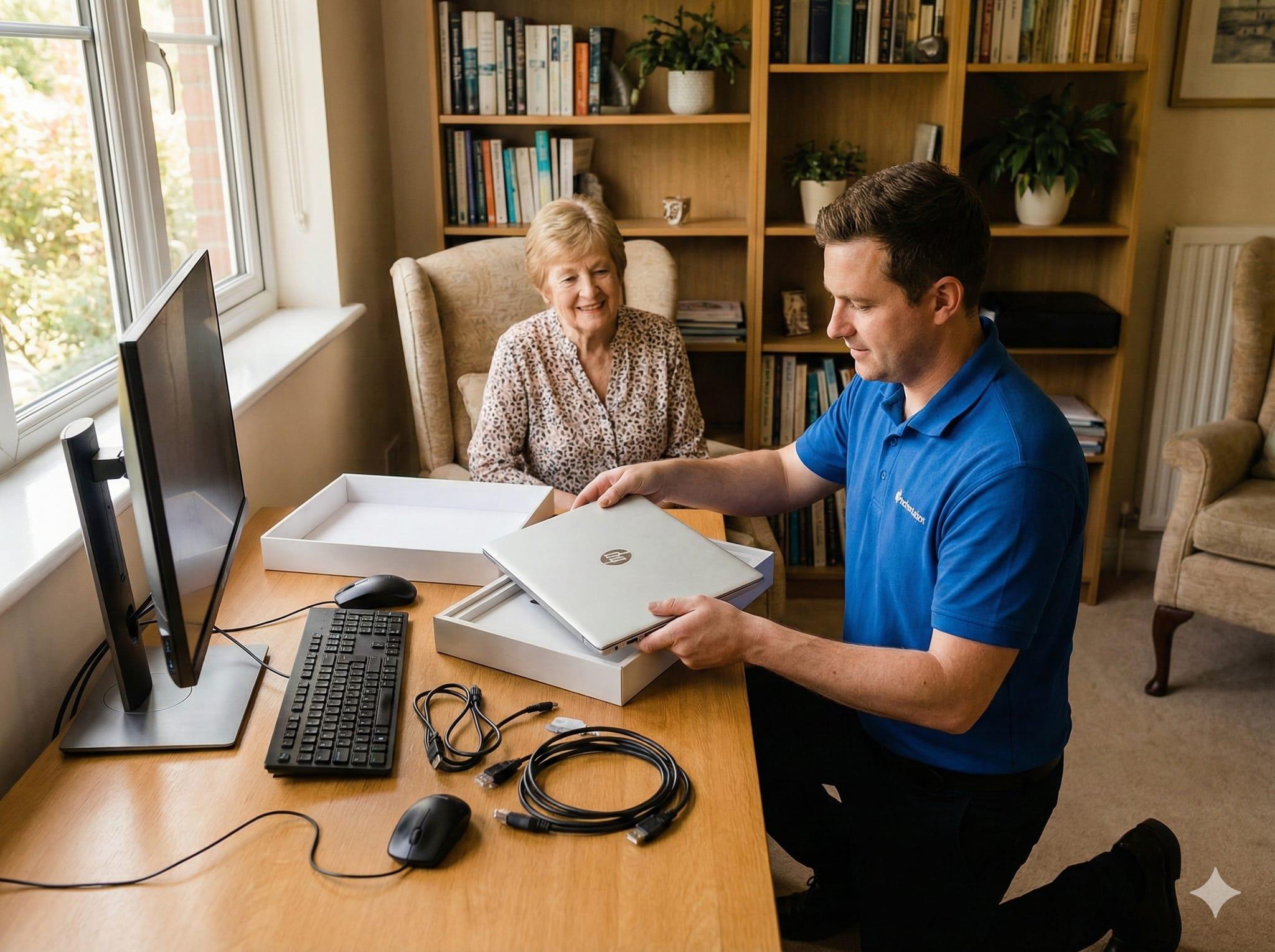 Technician setting up a new computer for a homeowner
